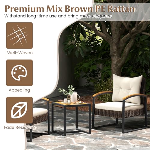 3 Piece Patio Conversation Set, Includes 2 Rattan Chairs and Coffee Table, Solid Acacia Wood Armrests & Tabletop, Outdoor Cushioned Wicker Furniture Set for Backyard, Poolside, Lawn, Garden