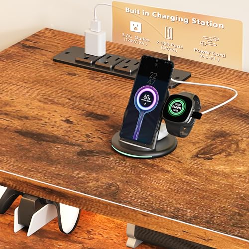 63 Inch TV Stand with Power Outlets & LED Lights, Rustic Brown, view 5
