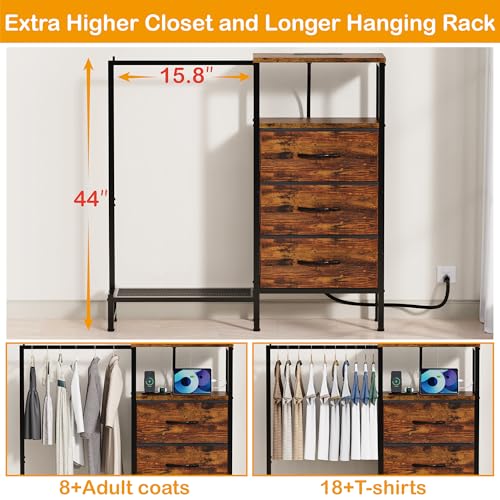 Dresser for Bedroom with Hanging Rack, 3 Drawers Closet with Charging Station, view 4
