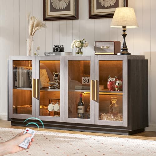 Sideboard Buffet Cabinet with Storage,64" Cabinet with Glass Door, Modern Wood Glass-Buffet Cabinet for Dinning Room,Kitchen, Hallway, and Living Room, Grey & Black