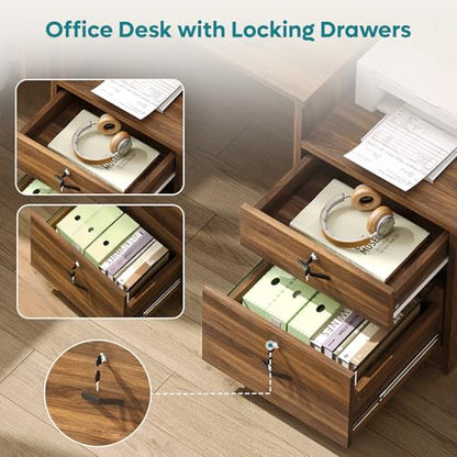 55 Inch Wood Computer Desk with Lockable File Drawer, Charging Station & LED Lights - Home Office Desk with Storage Shelves, Printer Shelf & Monitor Stand, Wooden Desk for Study & Work, Walnut