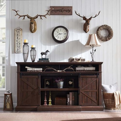 Farmhouse TV Stand for 80 Inch TVs, 37.4"Tall Entertainment Center w/Storage Cabinets and Sliding Barn Door, Media Console Cabinet w/Soundbar & Adjustable Shelves for Living Room, 70 inch (Brown)