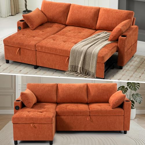 84" L-Shape Pull Out Sofa with 2 Storage Chaise, Orange | Chenille Sectional Sleeper Sofa w/Adjustable Backrest, Upholstered Reversible Couch Bed w/USB Port for Living Room, House