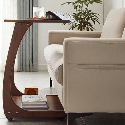 Emerson Solid Wood End Table with Rolling Wheels, C Shaped Side Table, TV Tray Table, Couch Table that Slide Under for Small Space, Living Room, Bedroom (Walnut)-Large