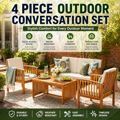 4 Piece Outdoor Conversation Set Acacia Wood Patio Furniture withWater Resistant Cushions 4pc Loveseat and Club Chairs for Backyard Garden Porch Outdoor Living Space Aesthetic Patio Decor Finds