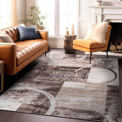 Brown Contemporary Abstract Area Rug, Soft Indoor Carpet with Jute Backing, Non-Shedding Distressed Geometric Circle Design for Living Room, Bedroom, Dining Room and Home Office, 5'3" x 7'3"