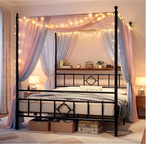 Full Size Canopy Bed Frame with Storage Headboard,Noise-Free,Black, view 5