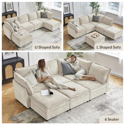 127'' Modular Sectional Sofa, Oversized U Shaped Couch with Storage Ottoman, Comfy Chenille Sofa with Deep Seat, 6 Seat Convertible Couches for Living Room, Beige