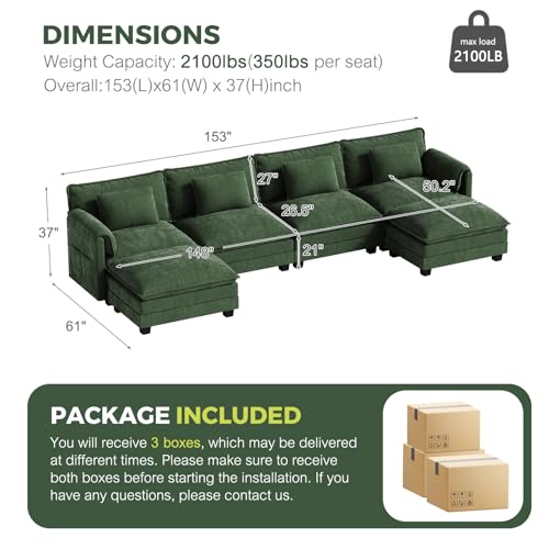 116" L Shaped Modular Sectional Cloud Couch with Pillow, Deep Seat Sofa Couches for Living Room, 4-Seat Modern Sofa with Movable Ottoman, Chenille (Green, U Shaped(4+2))