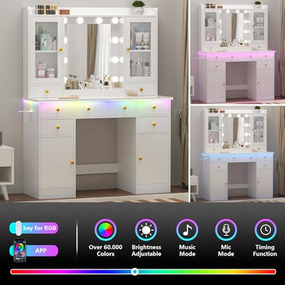 White Makeup Vanity Desk with Mirror and Lights, Smart RGB Light, view 6