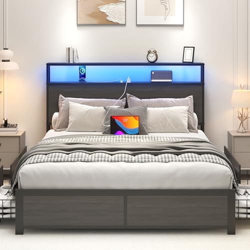 Full Bed Frame with 2-Tier Storage Headboard, view 4