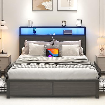 Full Bed Frame with 2-Tier Storage Headboard, view 4