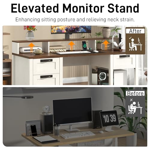 59" Farmhouse Computer Desk with 4 File Drawer & Power Outlet & Led Lights, view 5