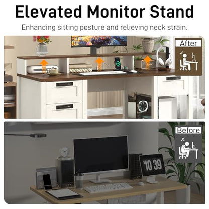 59" Farmhouse Computer Desk with 4 File Drawer & Power Outlet & Led Lights, view 5