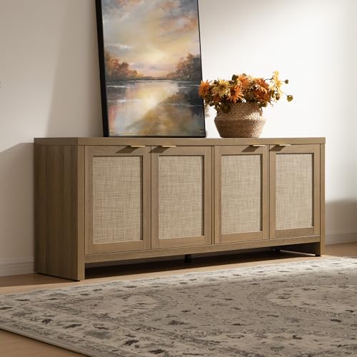 TV Stand for Living Room Boho Entertainment Center for Bedroom with 4 Rattan, view 7
