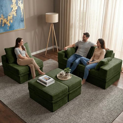 107" Modular Sectional Sofa with Storage, 5-Seater High Density Foam Boneless Couch with Ottoman, 27" Deep Corduroy Oversized Cloud Couch for Living Room, Tool-Free Assembly, Olive Green
