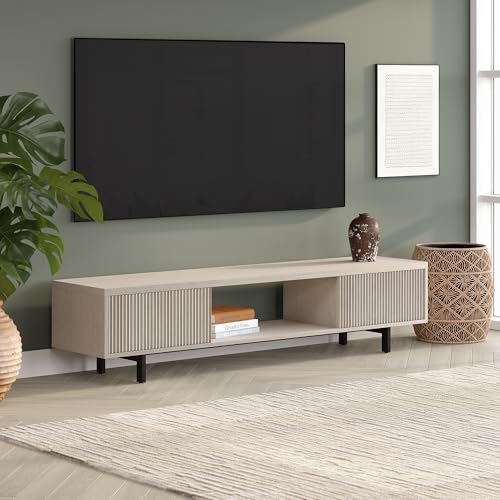 Fluted TV Stand for TVs up to 78" with 2 Ribbed Side Storage Cabinets and Open Center Storage for Living Room, Family Room, or Office, Beech White