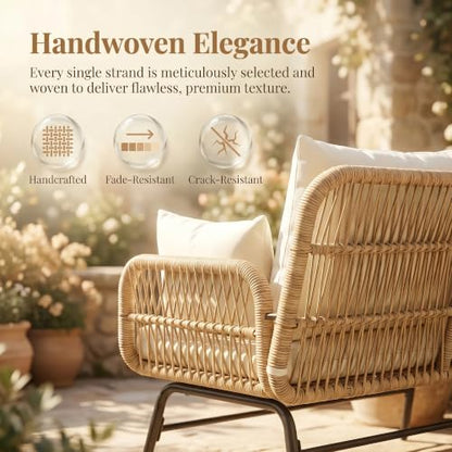 5Pcs Boho Outdoor Patio Furniture Set, High Back L-Shaped Outdoor Couch with Side Table, 500lbs Sturdy Comfy Wicker Sectional Sofa for Garden Balcony Deck Porch or Backyard, Beige