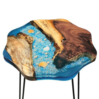 Crystal Clear Epoxy Resin Natural Edge Wood end Table, Wood Resin Side Table Hand Made Craft Coffee Table with Hairpin legs-20 inch Tall (Blue Seashell)