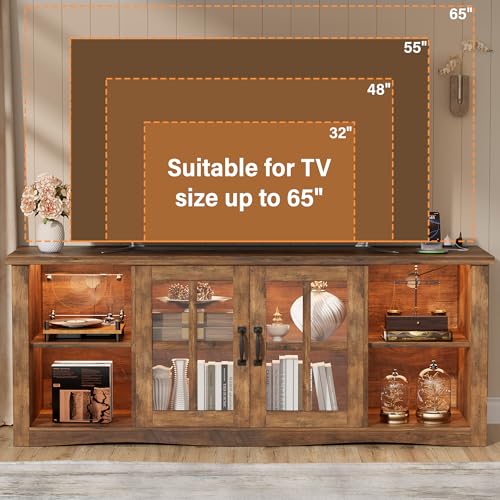 Farmhouse TV Stand, 58 Inch TV Stand for Living Room with Glass Doors, Fast Charge USB Hub & Adjustable LED Lights, Rustic TV Cabinet for TV up to 65 inch (Rustic Brown)
