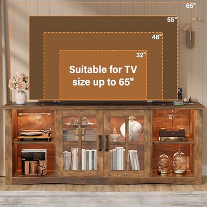 Farmhouse TV Stand, 58 Inch TV Stand for Living Room with Glass Doors, Fast Charge USB Hub & Adjustable LED Lights, Rustic TV Cabinet for TV up to 65 inch (Rustic Brown)