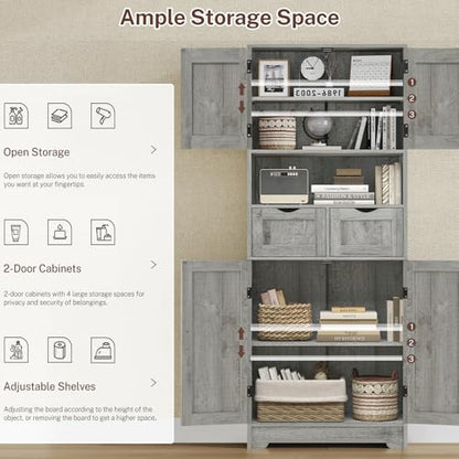 57.8" H Tall Storage Cabinet with 2 Drawers & 2 Adjustable Shelves, Bathroom Storage Cabinet with 4 Doors, Floor Cupboard, for Living Room, Dining Room, Entryway, Woodgrain Gray