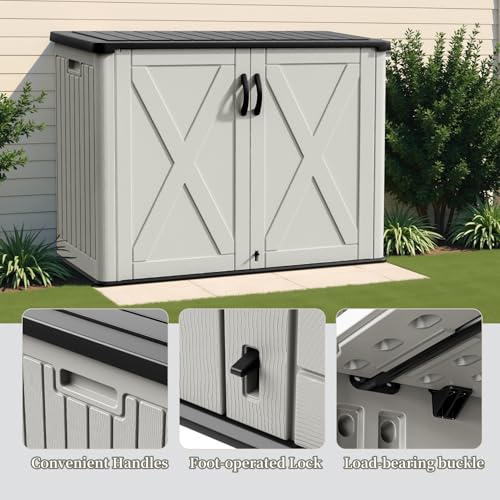 26 Cu.ft Outdoor Storage Cabinet with Lockable Door, Waterproof Horizontal Storage Shed for Tools and Patio Furniture, All-Weather Resin Shed Easy Assemble for Pool or Backyards, Brown
