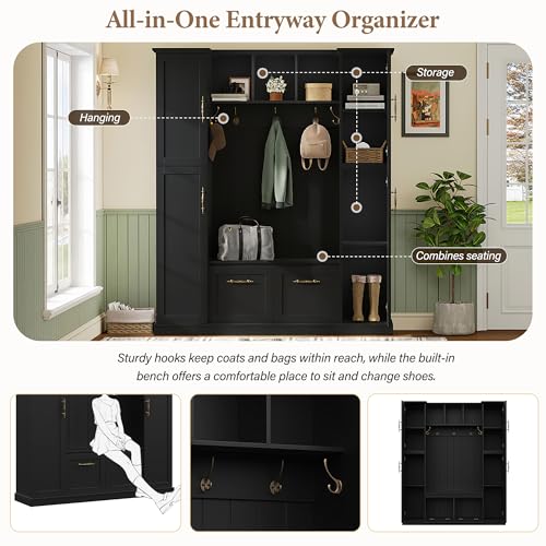 ON-TREND Farmhouse Elegant Hall Tree with 4 Side Cabinets, All-in-One Mudroom Furniture with Adjustable Shelves & Open Cubbies, Beadboard Entryway Bench with Coat Rack & 5 Hooks for Hallway, Black