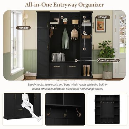 ON-TREND Farmhouse Elegant Hall Tree with 4 Side Cabinets, All-in-One Mudroom Furniture with Adjustable Shelves & Open Cubbies, Beadboard Entryway Bench with Coat Rack & 5 Hooks for Hallway, Black
