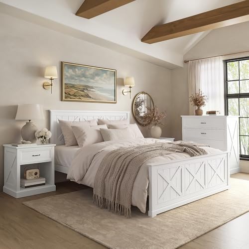 4 Piece Bedroom Set, Rustic Queen Size Bedroom Furniture Sets with Storage Nightstands and 1 Dresser, Bedroom Furniture Sets with Wood Platform Bed Frame for Bedroom, White