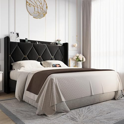 Queen Size Bed Frame with Storage Shelf & Charging Station, Black, view 2