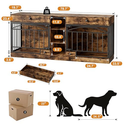 Dog Crate Furniture for 2 Dogs, Dog Kennel Indoor with Storage and Feeding Bowls, view 3