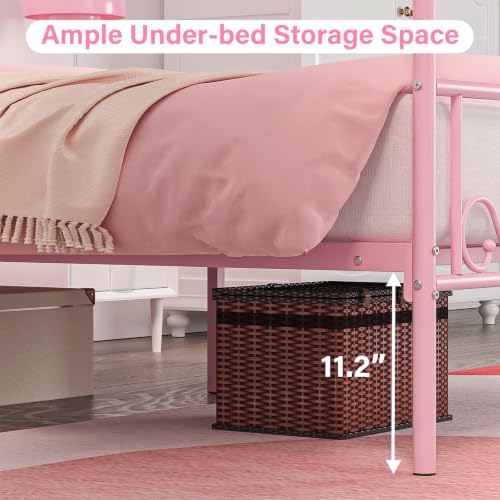 Twin Metal Canopy Bed Frame with Storage Headboard, 4 Poster Bed, Pink, view 7
