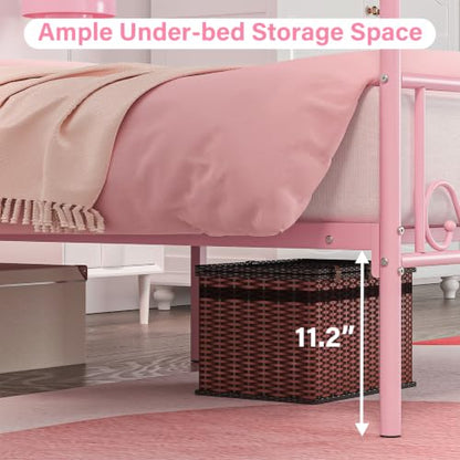 Twin Metal Canopy Bed Frame with Storage Headboard, 4 Poster Bed, Pink, view 7