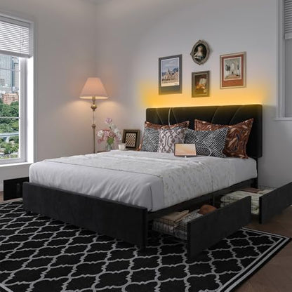 Queen Bed Frame with Drawers/Charging Station/LED Light, Black, view 2