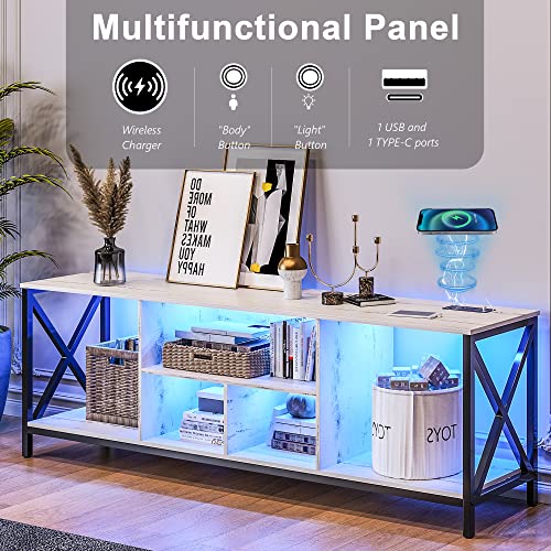 75 Inch TV Stand with LED Lights, Industrial Entertainment Center TV Console Table with Storage, LED TV Stands Cabinet with Charging Station for Living Room,Bedroom (White)
