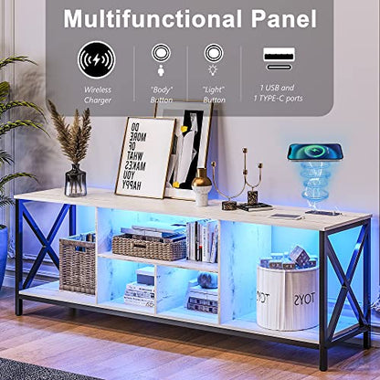 75 Inch TV Stand with LED Lights, Industrial Entertainment Center TV Console Table with Storage, LED TV Stands Cabinet with Charging Station for Living Room,Bedroom (White)