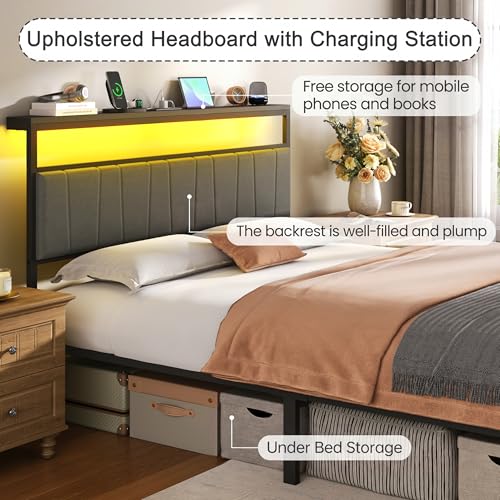Queen Bed Frame with Storage Drawers and Charging Station, Grey, view 4
