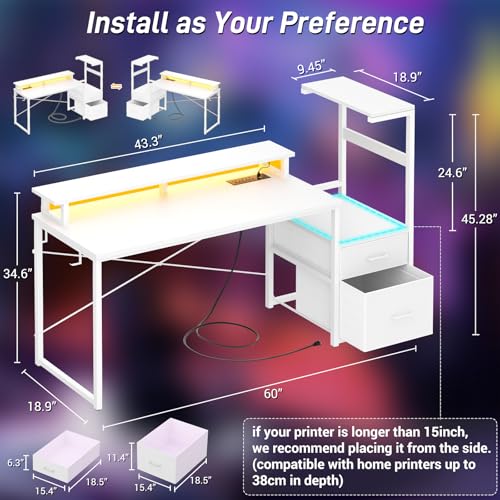 Gaming Desk with LED Strip & Power Outlet, 59Inch Reversible Computer Desk with Monitor Stand & Storage Shelves, Home Office Desks with Fabric File Drawer, Gamer Table PC Desk, White