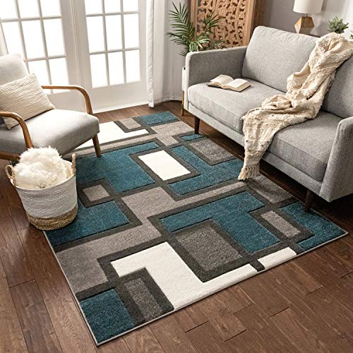 Uptown Squares Blue Grey Modern Geometric Comfy Casual Hand Carved 9x13 (9'3'' x 12'6'') Area Rug Easy to Clean Stain Fade Resistant Abstract Boxes Contemporary Thick Soft Plush Living Dining Room Rug