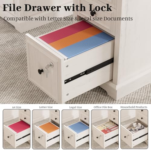 59" Executive Desk, Farmhouse Computer Desk with Drawers, Lockable File Drawer, Storage Cabinet & Power Outlet, Rustic Home Office Desk, Workspace for Work Study Writing, White