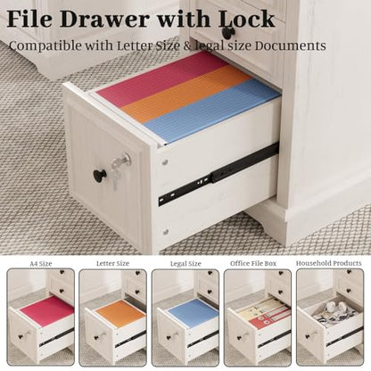 59" Executive Desk, Farmhouse Computer Desk with Drawers, Lockable File Drawer, Storage Cabinet & Power Outlet, Rustic Home Office Desk, Workspace for Work Study Writing, White