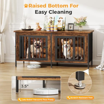 NEWBULIG 54" Double Dog Crate Furniture for 2 Dogs - Rustic Brown, view 5