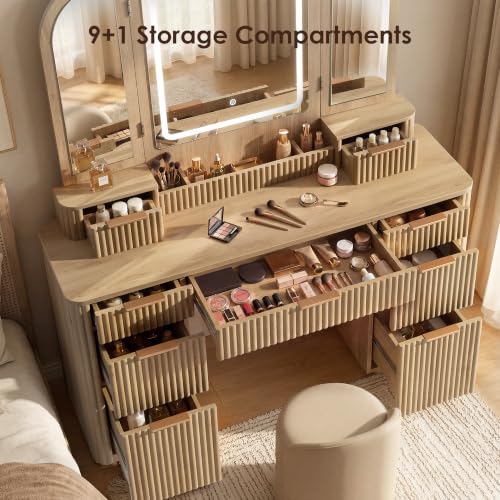 Vanity Desk with Trifold Mirrors, 52.76” Wide Makeup Vanity Table, Oak, view 7