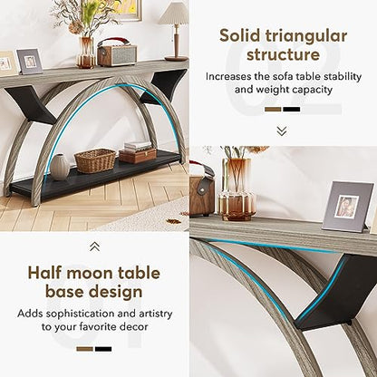 Tribesigns 70.87" Console Table with Storage Shelf, Narrow Long Sofa Table Behind Couch Table, 2-Tier Rustic Entryway Table with Half Moon Frame for Hallway Living Room, Gray & Black (Gray & Black)