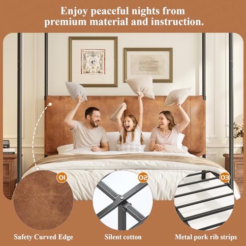 Queen Canopy Bed Frame with Tall Upholstered Faux Leather Headboard, view 6