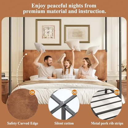 Queen Canopy Bed Frame with Tall Upholstered Faux Leather Headboard, view 6