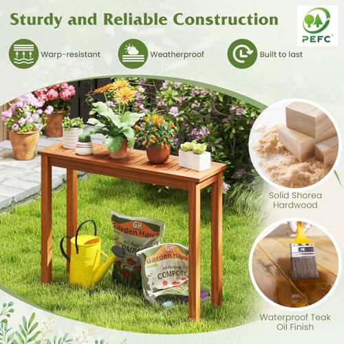Narrow Outdoor Dining Table, Solid Wood Furniture Patio Console Table with Slatted Tabletop, Wooden Buffet Bar Plant Stand for Garden Deck Entryway Porch Balcony