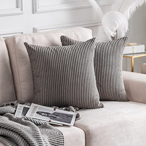 Decorative Throw Pillow Covers 18x18 Inch for Living Room Couch Bed Sofa, Soft Striped Corduroy Square Pillow Covers, Set of 2, 18 x 18, Ash Grey