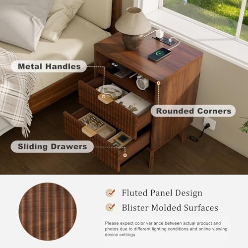 Fluted Nightstand with Charging Station, 19.7 inch Wide End Table with 2 Drawers, Modern Wood Bedside Table for Bedroom,Brown,1 Pcs